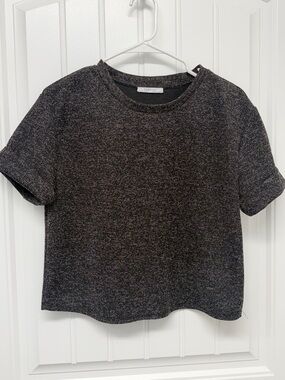 Zara Short Sleeve Tweed-Look Top in Black and Tan